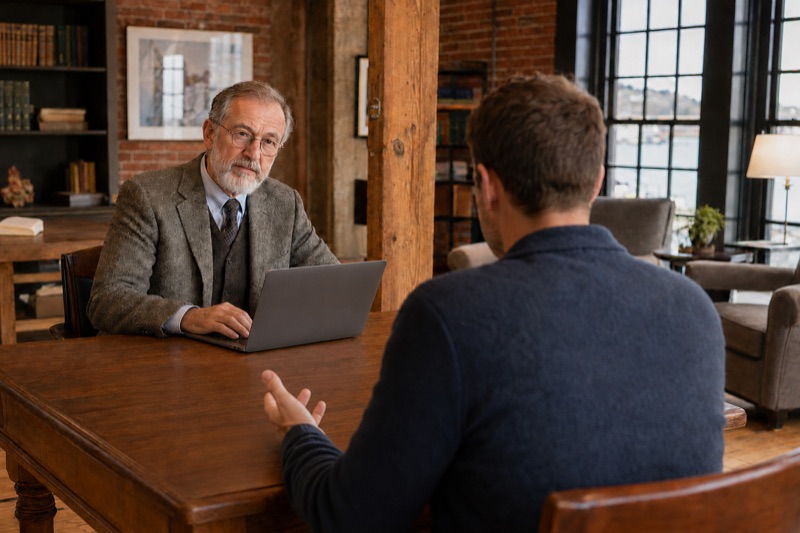Senior advisor meeting with a client at a desk